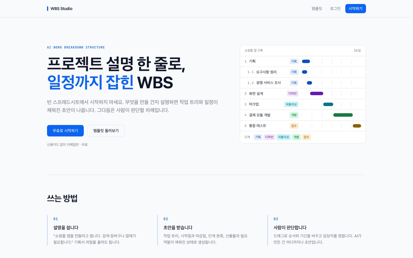 WBS Studio 첫 화면 — 설명 한 줄로 만든 WBS와 단계별 일정 막대 예시